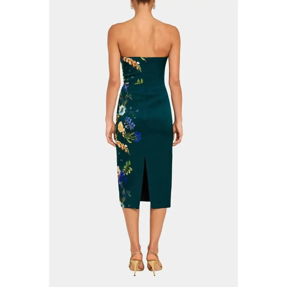 Amanda Uprichard Strapless Forest Green Midi Dress with Floral Print